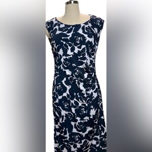 Jones New York- Navy floral print cinched midi dress. Small.